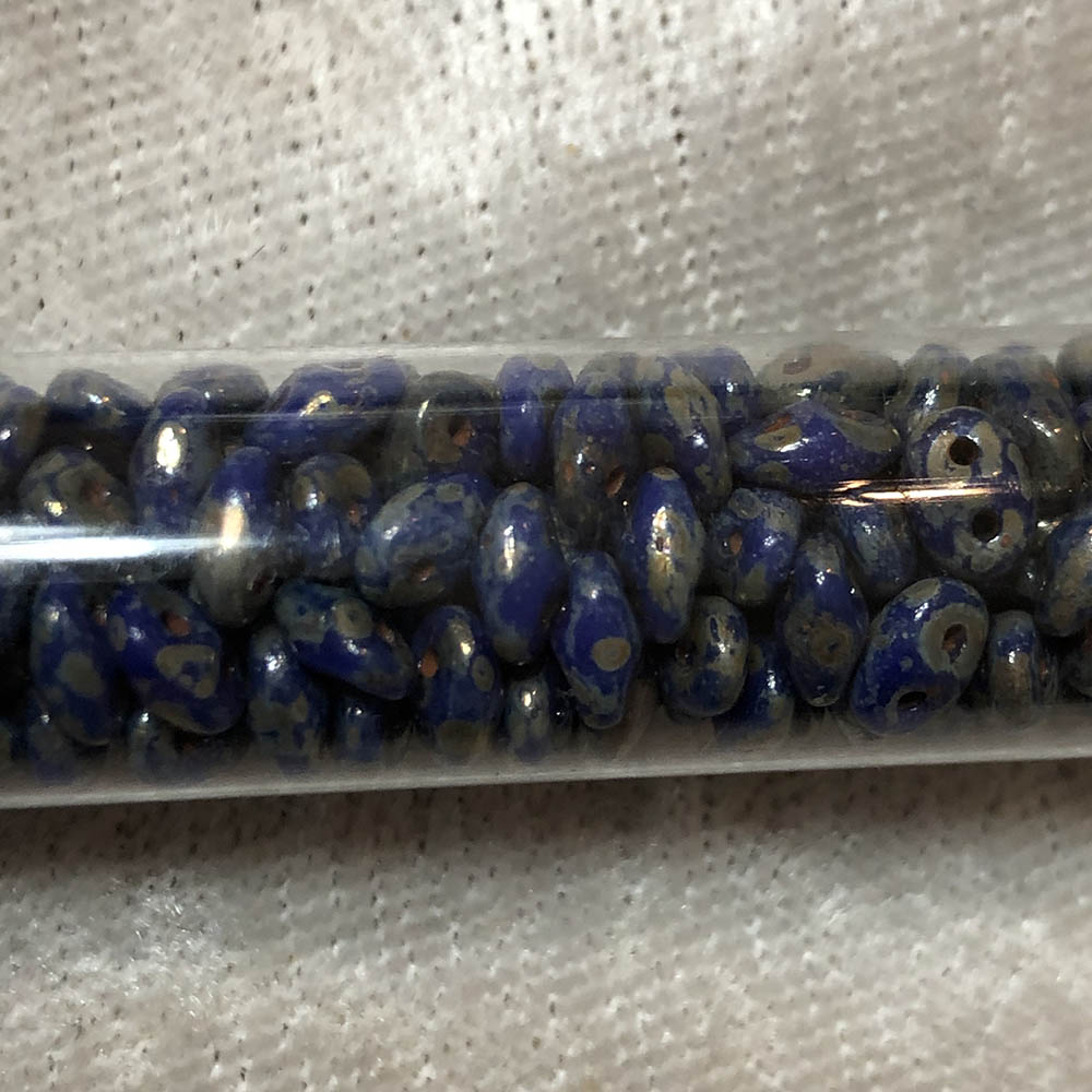 2.5 x 5mm Opaque Blue Picasso Duets Czech Glass 2-Hole Seed Beads