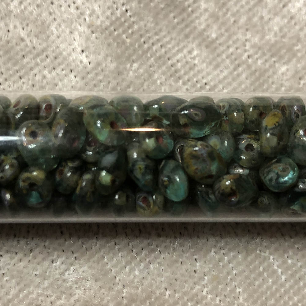 2.5 x 5mm Aqua Travertine Dark SuperUno Czech Glass 1-Hole Seed Beads