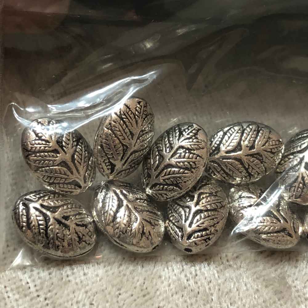 Pewter Leaf Motif Oval Beads