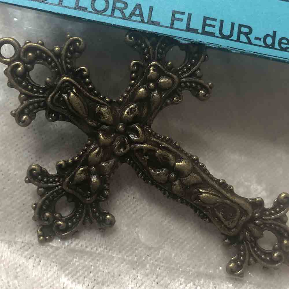 Antique Brass Floral Fleur-de-Lis Cross Pendant