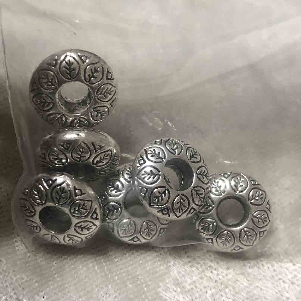 Pewter Leaf Embossed Large Hole Rondel Beads