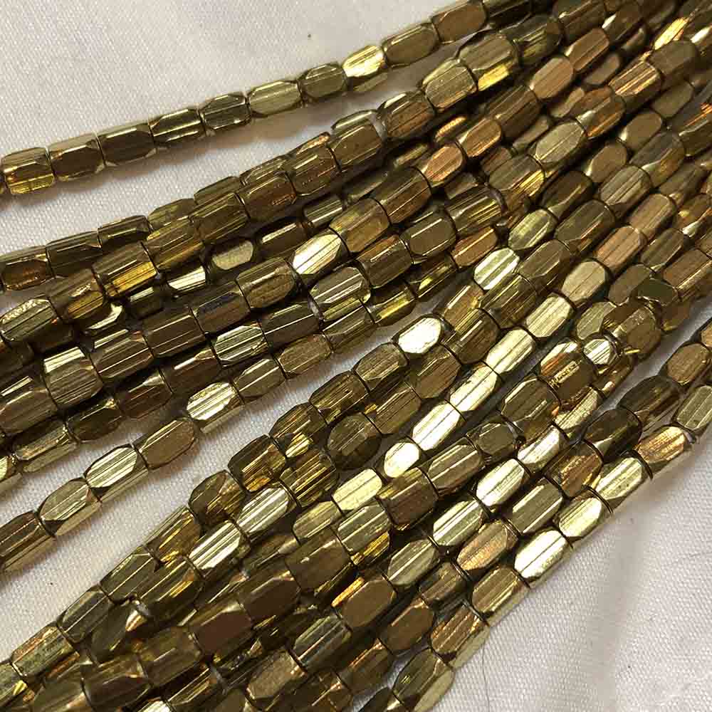 Small Gold Hued Faceted Rectangle Tube Shape Metal Beads