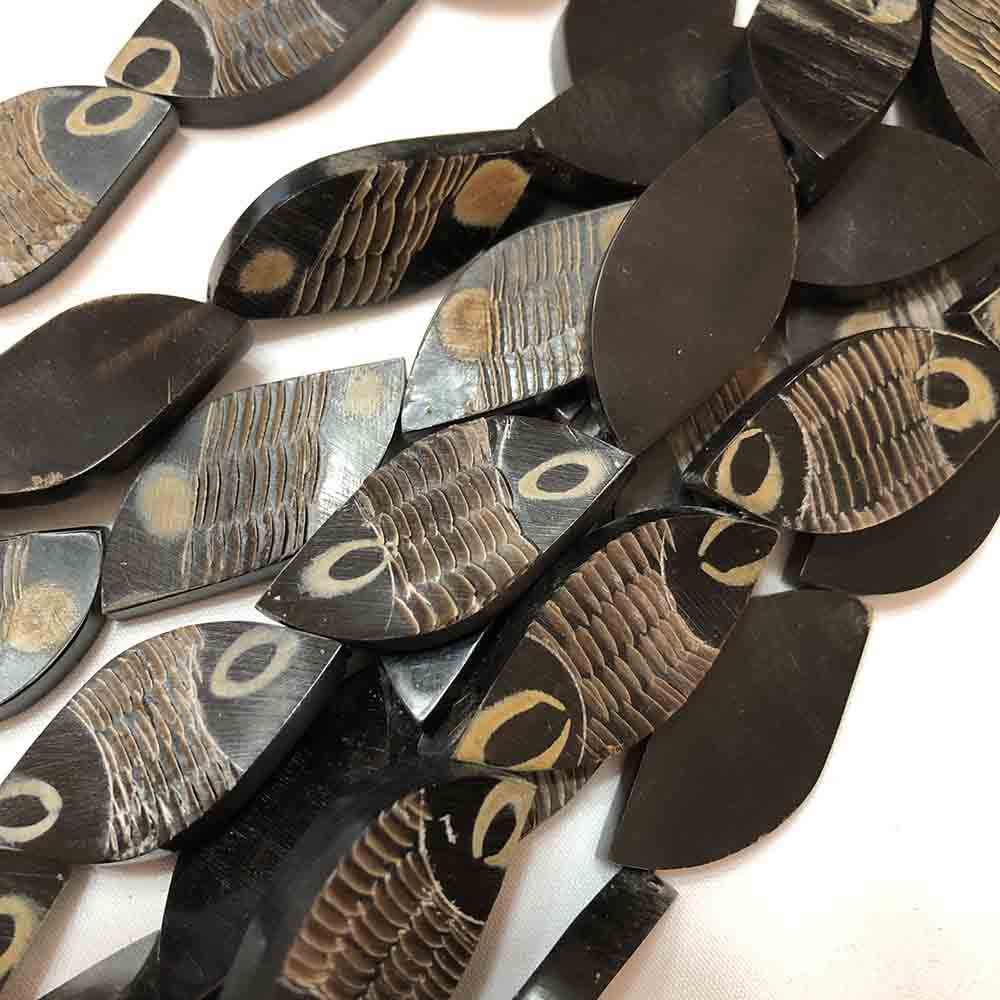 Large Black Etched Offset Oval Shaped Bone Beads