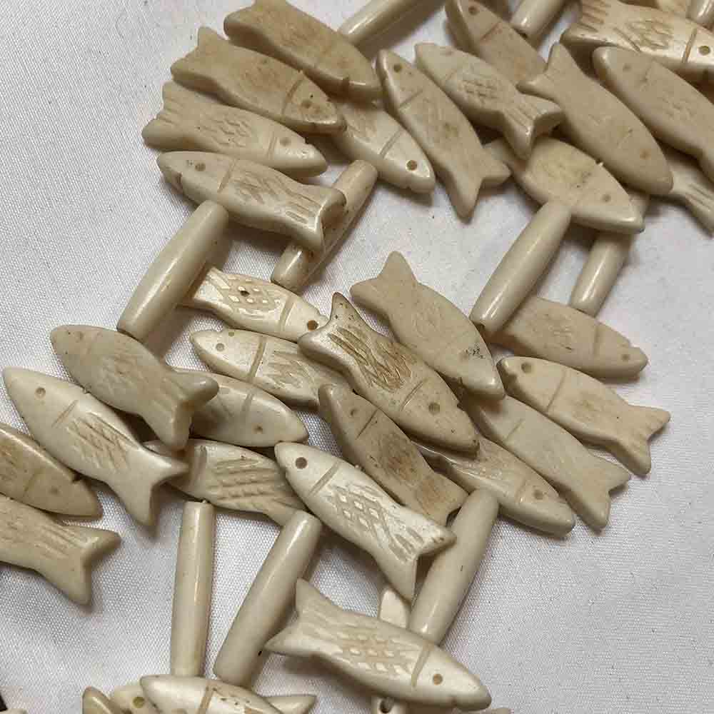 Large Natural Carved Bone Fish and Tube Beads