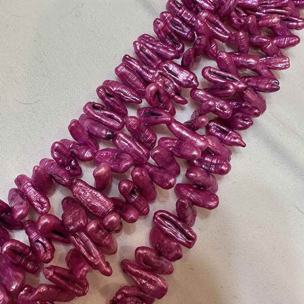 Large Iridescent Fuchsia Middle Drilled Rough Tube Shape Pearls