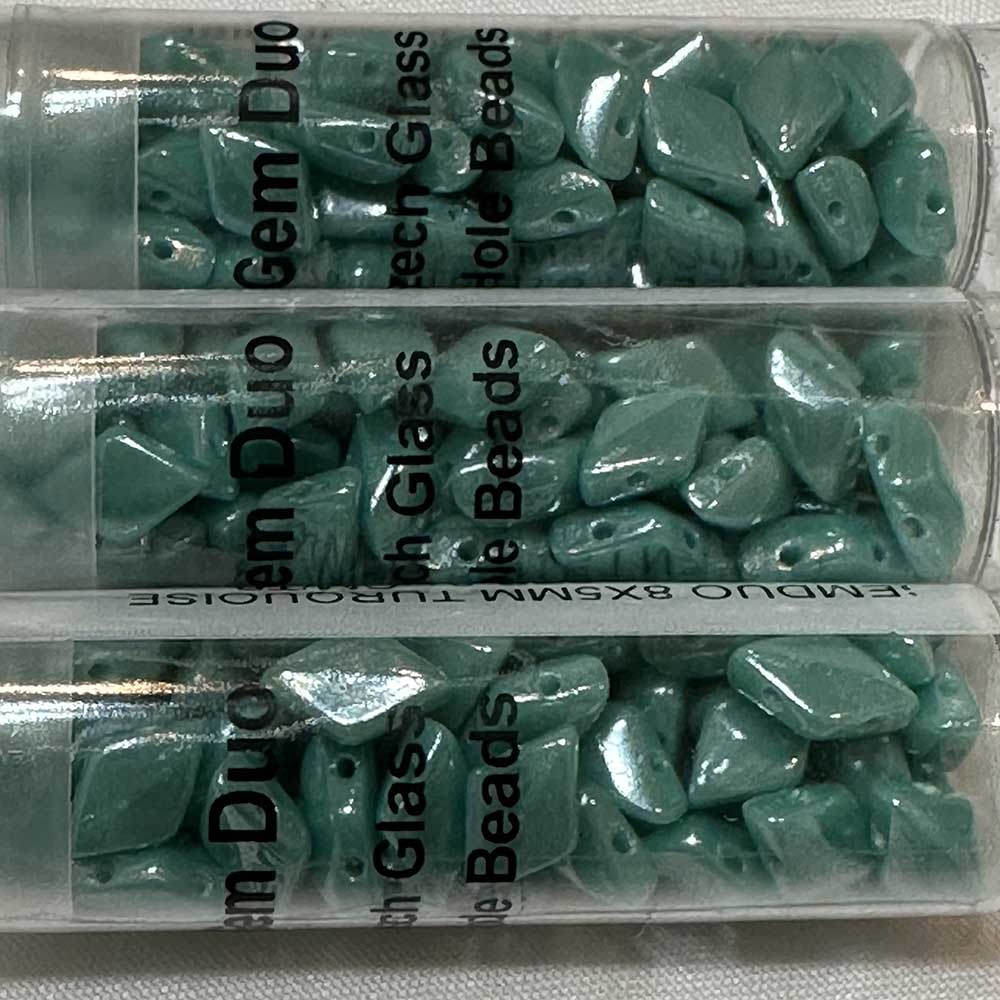 Czech Glass GemDuo Diamond Shape 2 Hole Turquoise Green Luster Beads