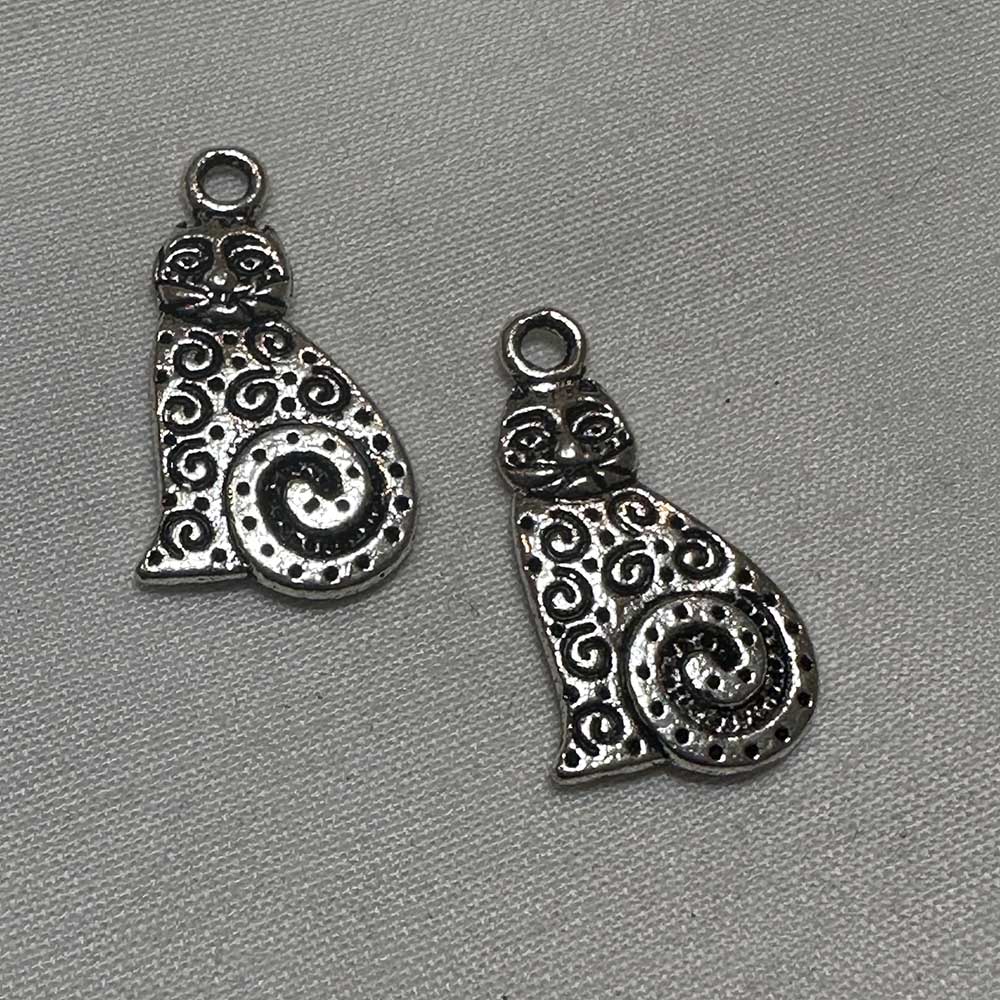 Double Sided Hairy Sitting Cat Charm Silver Finish