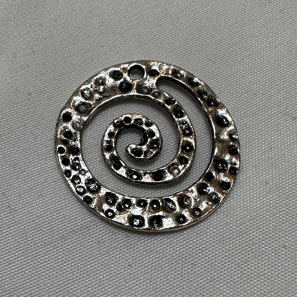 Double Sided Spiral Coin Charm Textured Antique Silver Finish