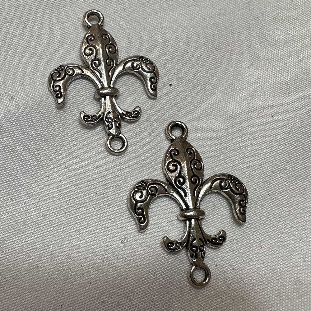 Double Hole Single Sided Fleur-de-Lis with Design Charm Silver Finish