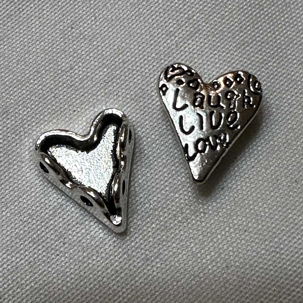 Single Sided Four Hole Laugh Live Love Heart Charm Silver Finish