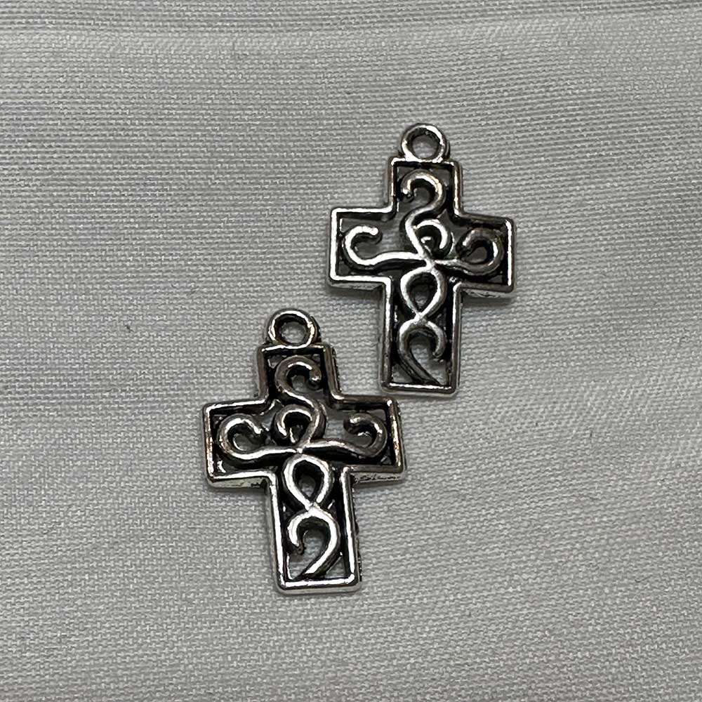 Double Sided Small Hollow Rope Cross Charm Silver Plated