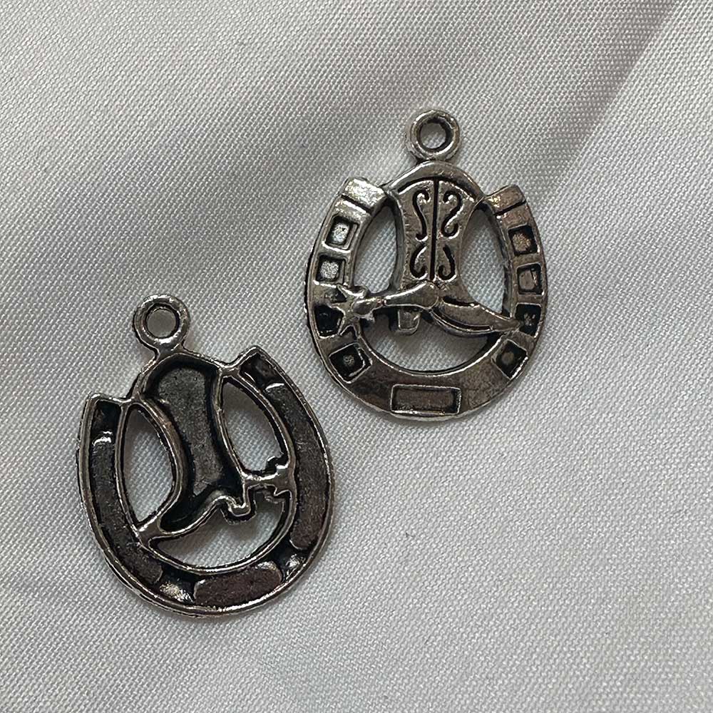 Single Sided Lucky Boot and Horseshoe Charm Silver Finish