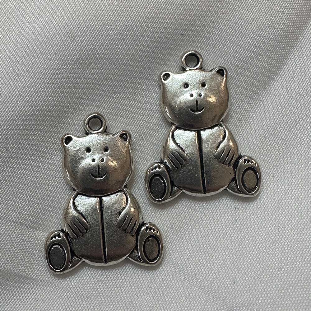 Large Double Sided Teddy Bear Charm Silver Finish