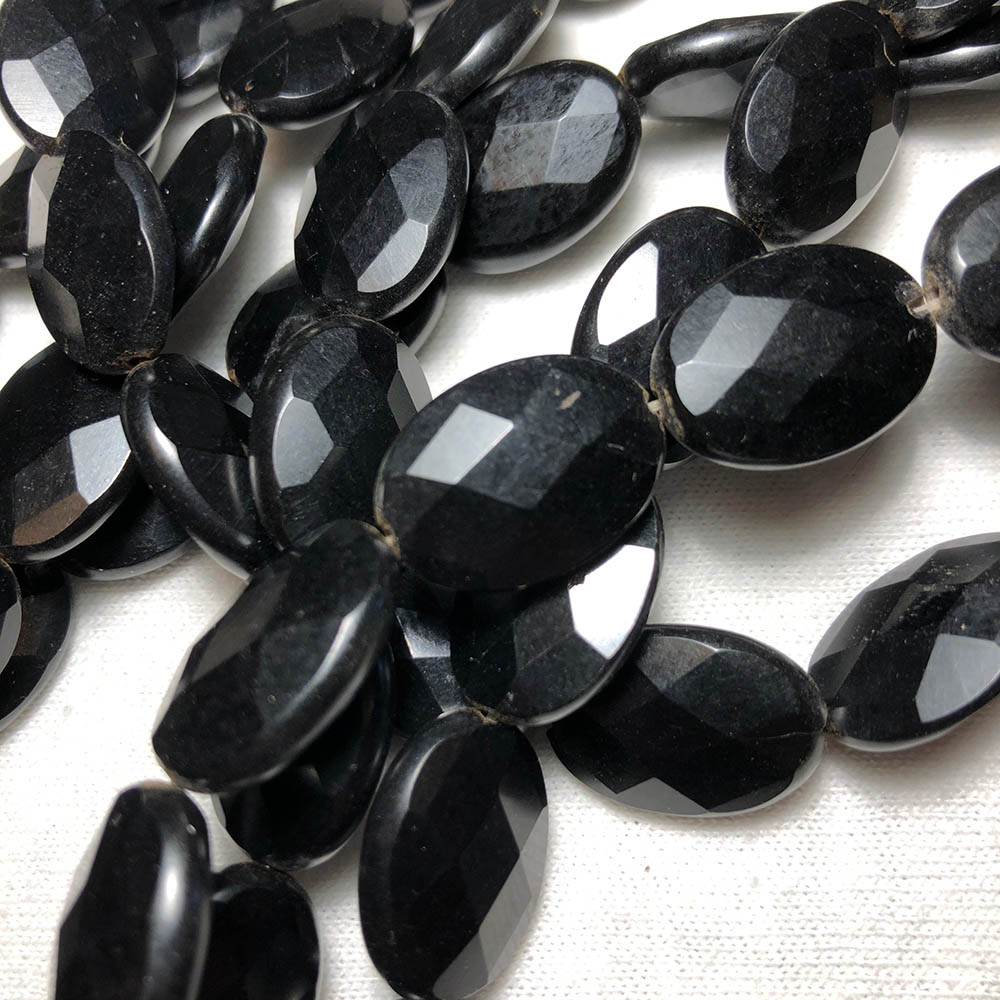 Flat Oval Faceted Jet Beads 12mm x 15mm