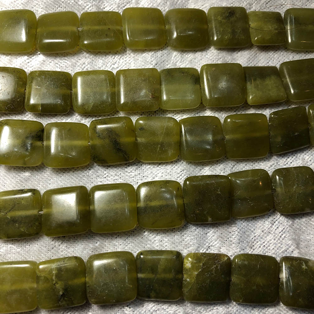 Dark Green Olive Jade Puff Pillow Square Beads 12mm