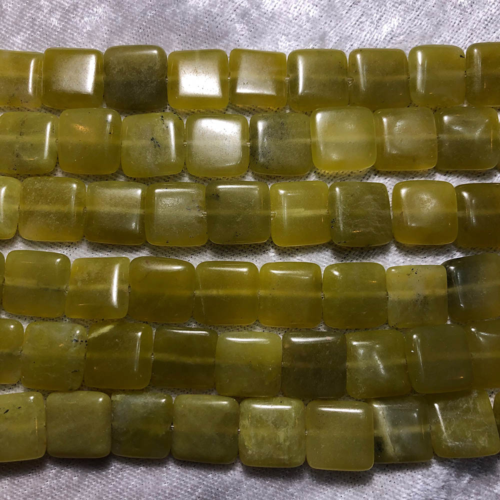 Light Green Olive Jade Puff Pillow Square Beads 12mm