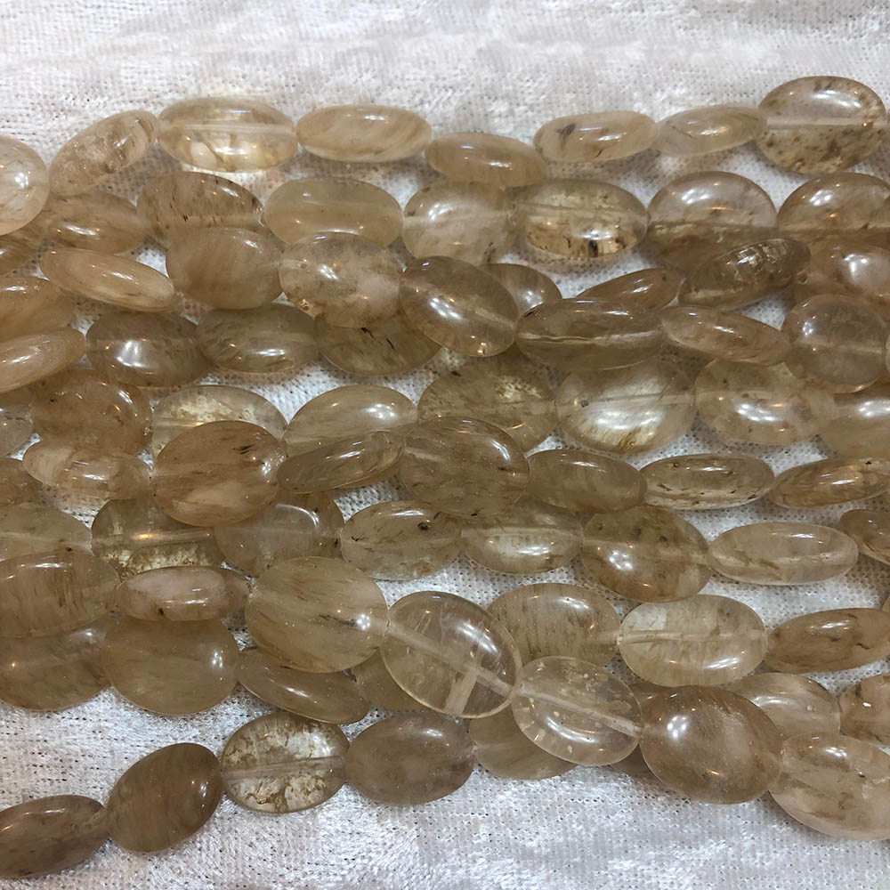 Light Yellow Rutilated Quartz Flat Rounded Oval Beads