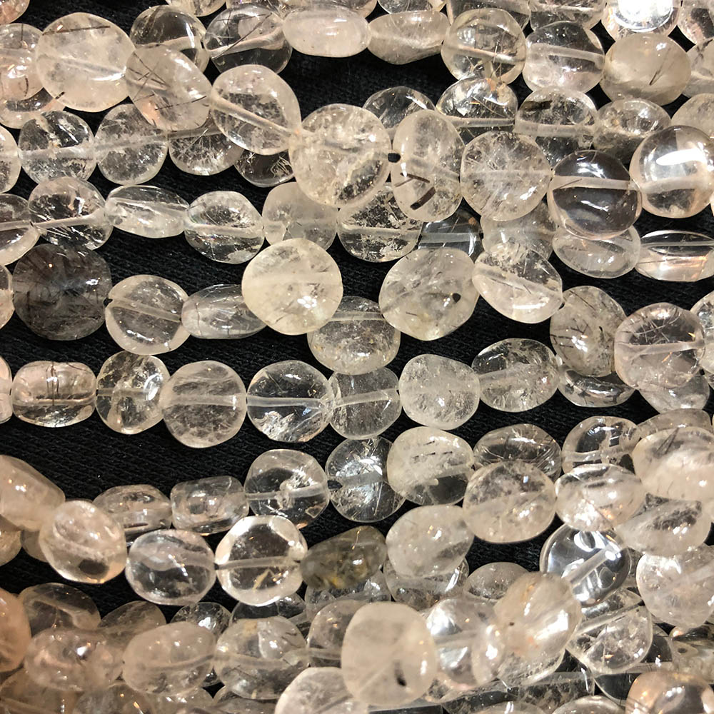 Clear and Tourmalated Quartz Medium Flat Round Beads