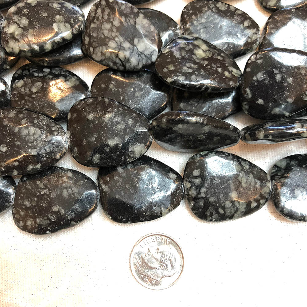 Black Spotted Jasper Flat Faceted Drop Shape Beads