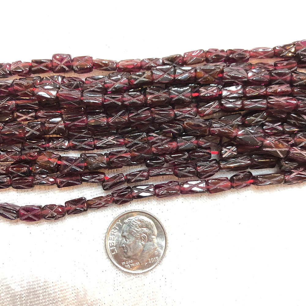 Carved Red Garnet Flat Rectangle Tube Beads