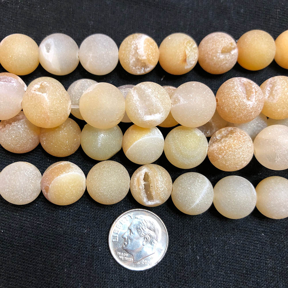 Large Yellow Druzy Agate Matte Finish Round Beads