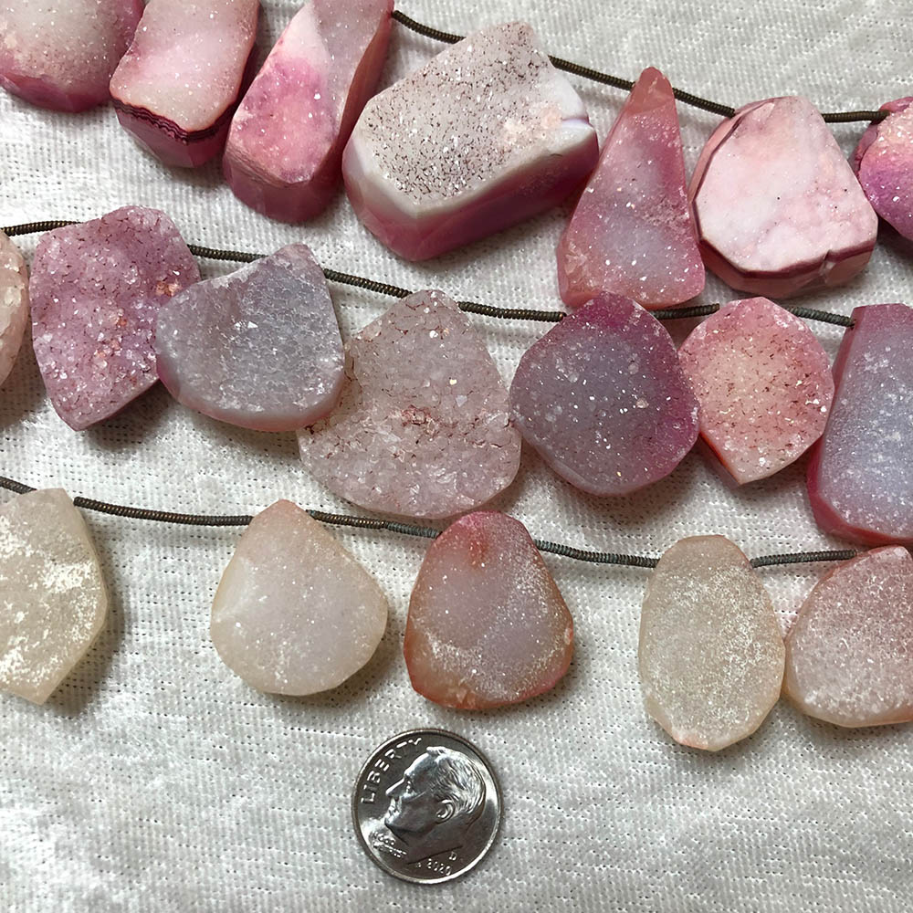 Large Pink Druzy Agate Crystal Face Faceted Top Drilled Nuggets