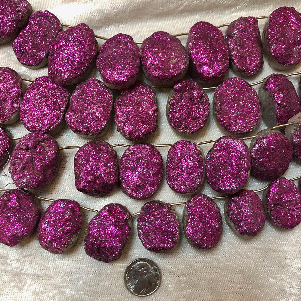 Fuschia Druzy Agate Metallic Dipped Top Drilled Nuggets