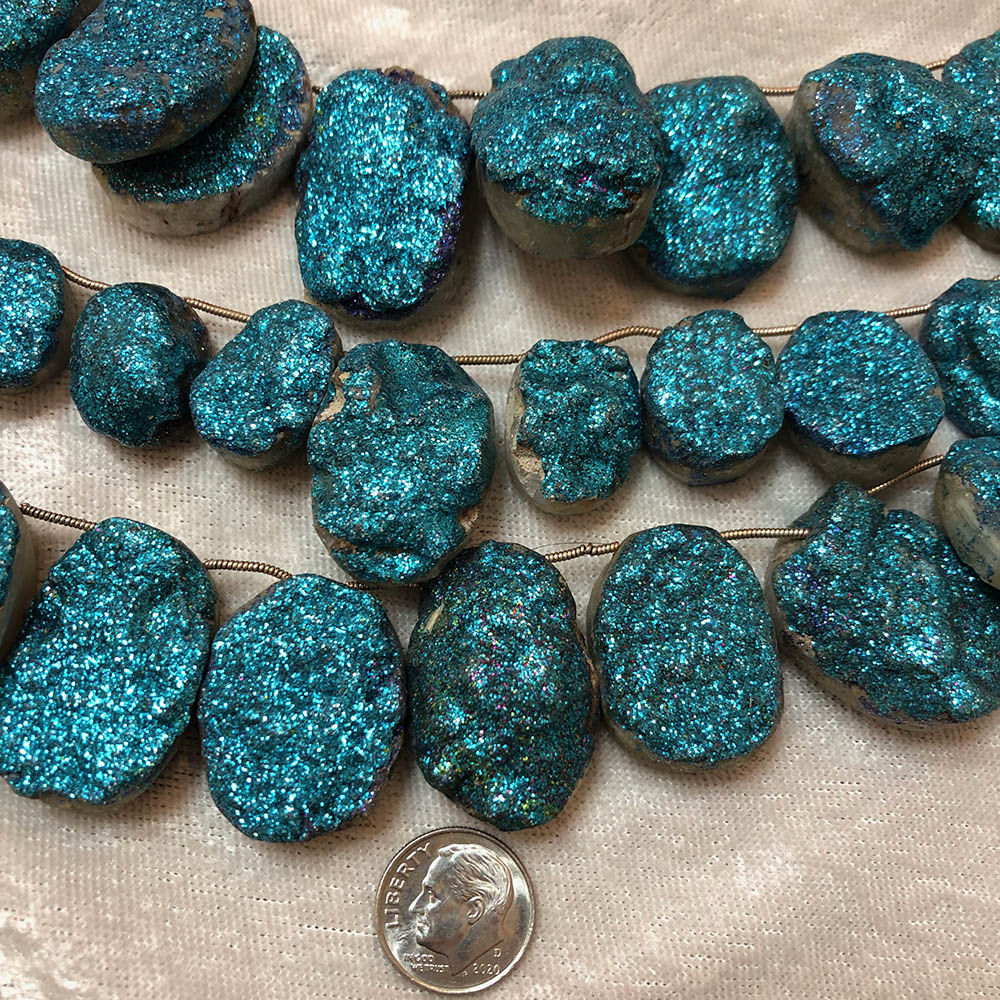 Large Bright Blue Druzy Metallic Face Top-Drilled Beads