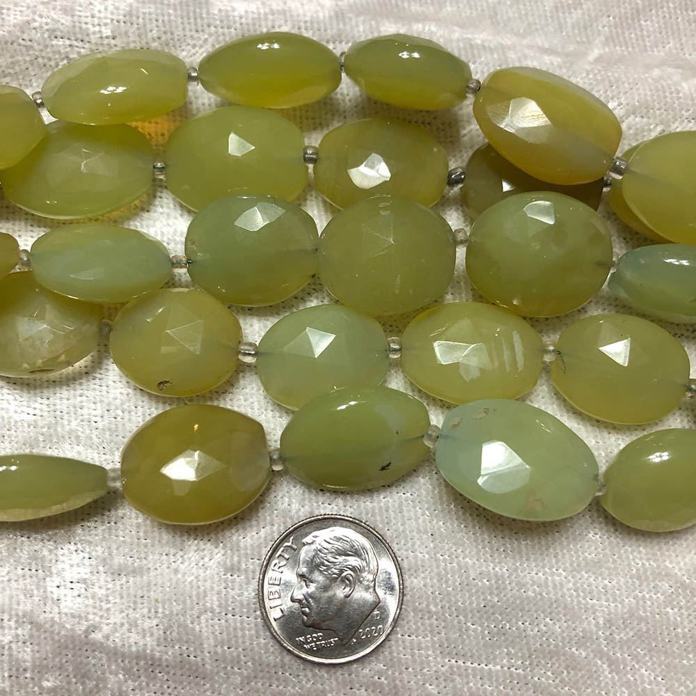 Olive Green Chalcedony Medium Faceted Flat Oval Beads