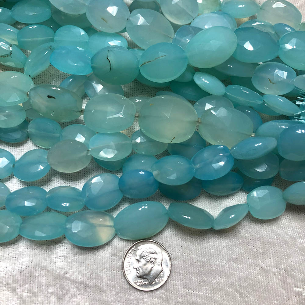 Turquoise Blue Chalcedony Medium Faceted Flat Oval Beads