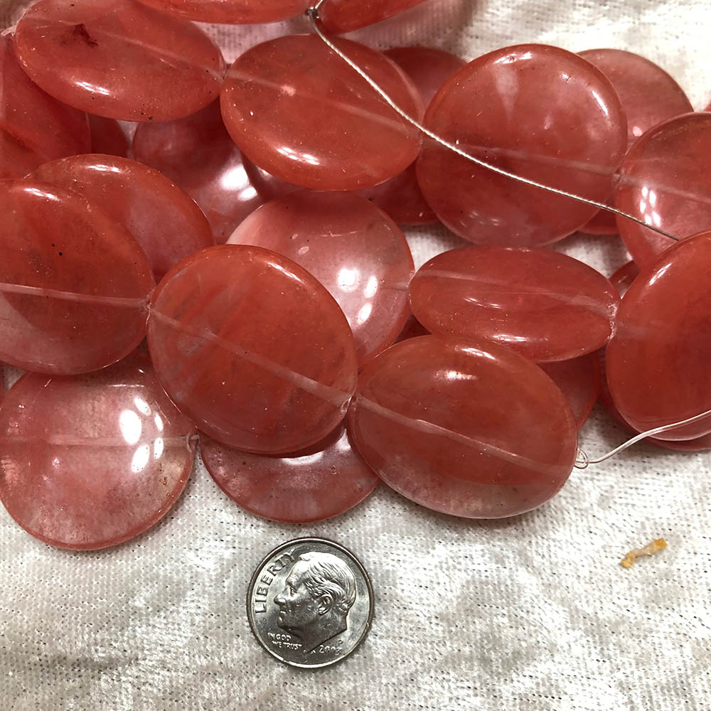 Large Pink Orange Quartz Round Disc Beads