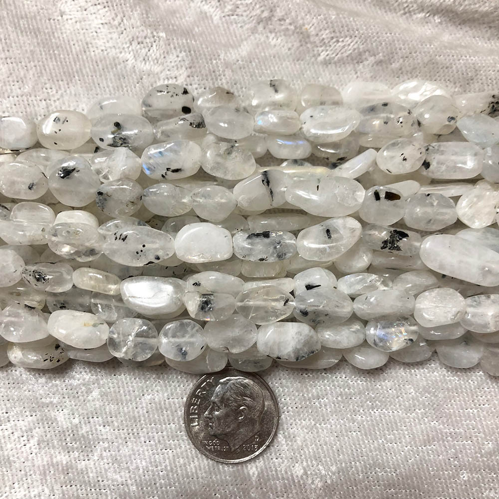 Natural Tourmalated White Moonstone Flat Oval Beads