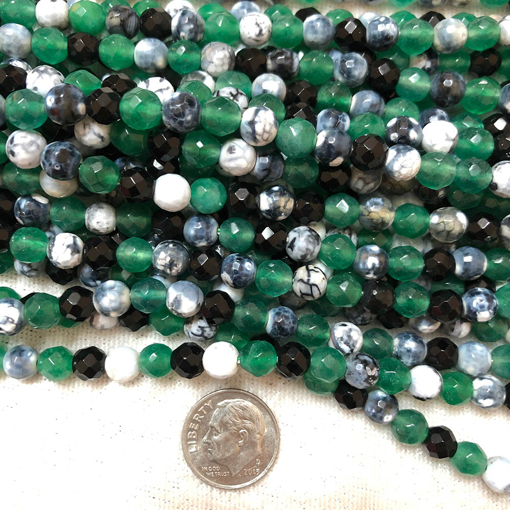 Multi Stone Multi Color Green White Black Faceted Round Beads 6mm