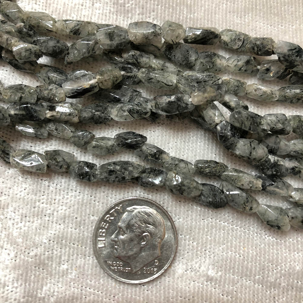 Small Clear and Black Rutilated Quartz Faceted Rectangle Tube Beads