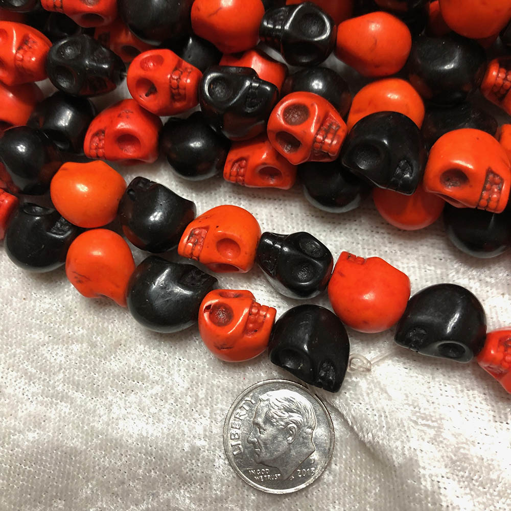 Medium Black and Orange Halloween Howlite Skull Beads