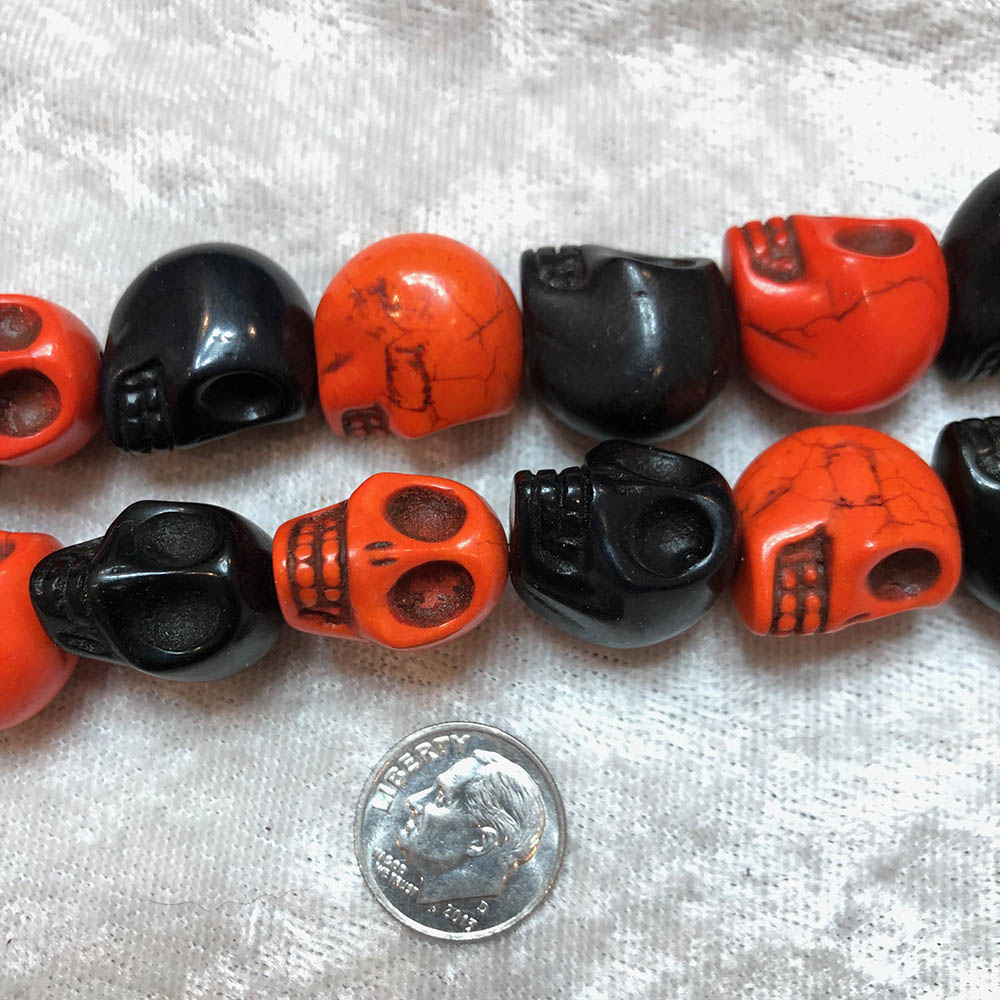 Large Black and Orange Halloween Howlite Skull Beads