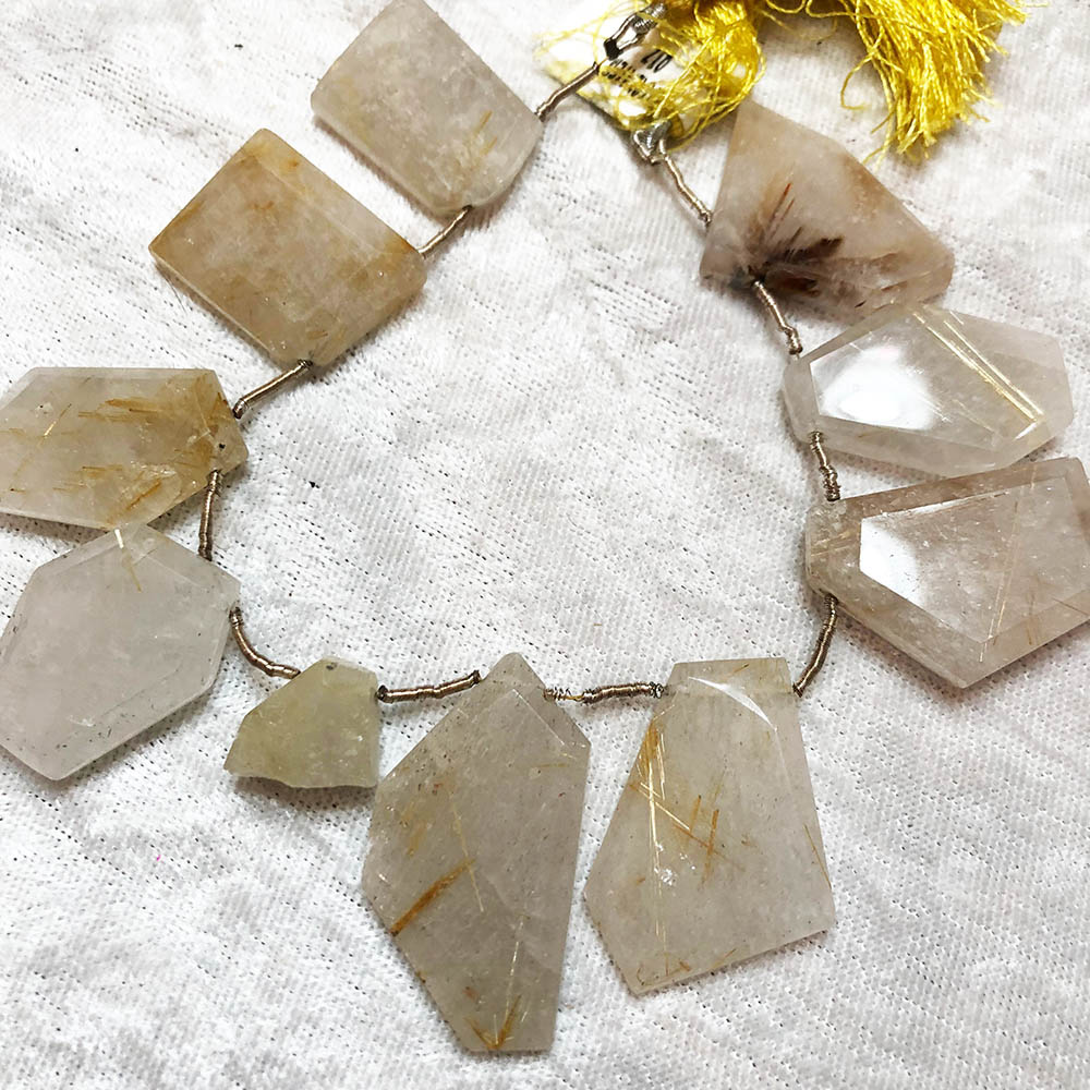 Large Rutilated Quartz Flat Top Drilled Faceted Nugget Beads