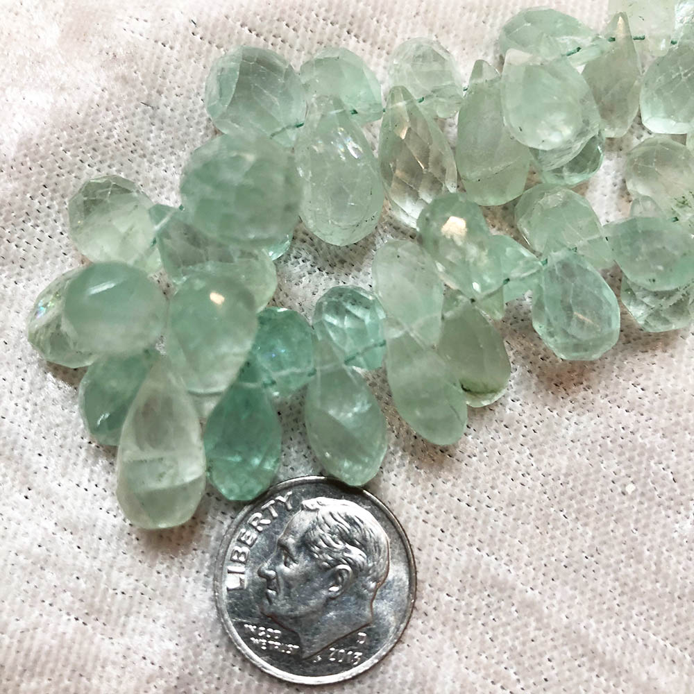 Jewelry Grade Light Green Clear Faceted Graduated Top Drilled Fluorite Drop Shape Beads